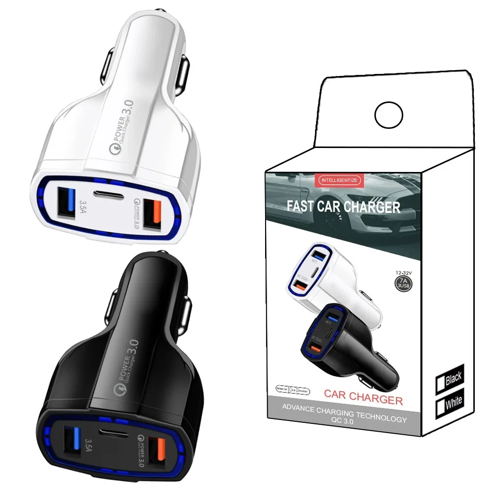 

100pcs 35W 7A QC3.0 USB C PD Car Charger Fast Quick Charge USB Power Adapters For IPhone 12 13 14 Samsung Android phone With Box
