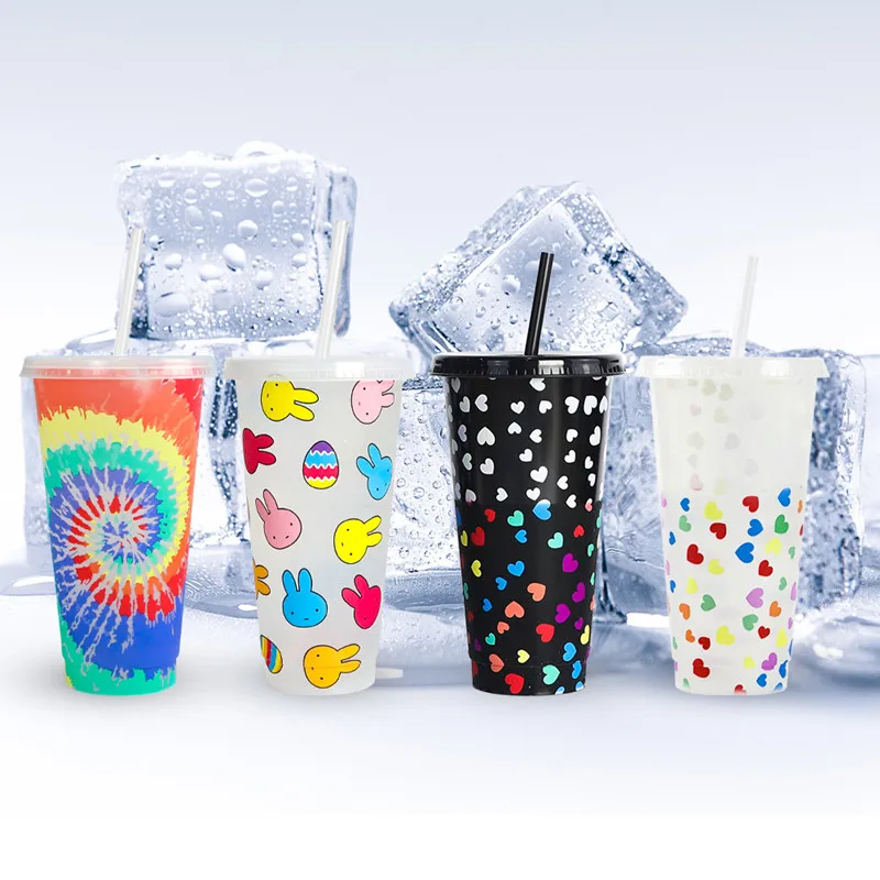 

5PCS Reusable PP Color Changing Drinks Cups with Lid Straw Cold High Capacity Drinkware Bottle tea cup coffee mug beer cups