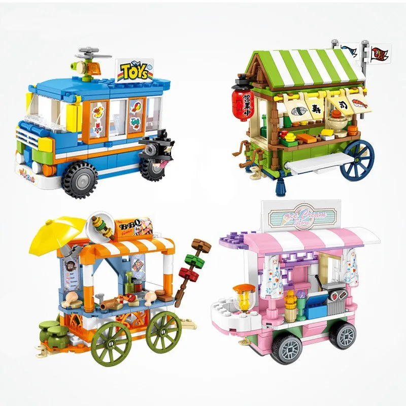 

City Street View Ice Cream Toys Creative BBQ Store Amusement 608Pcs Building Blocks Toys For Children Assemble Streetview Bricks