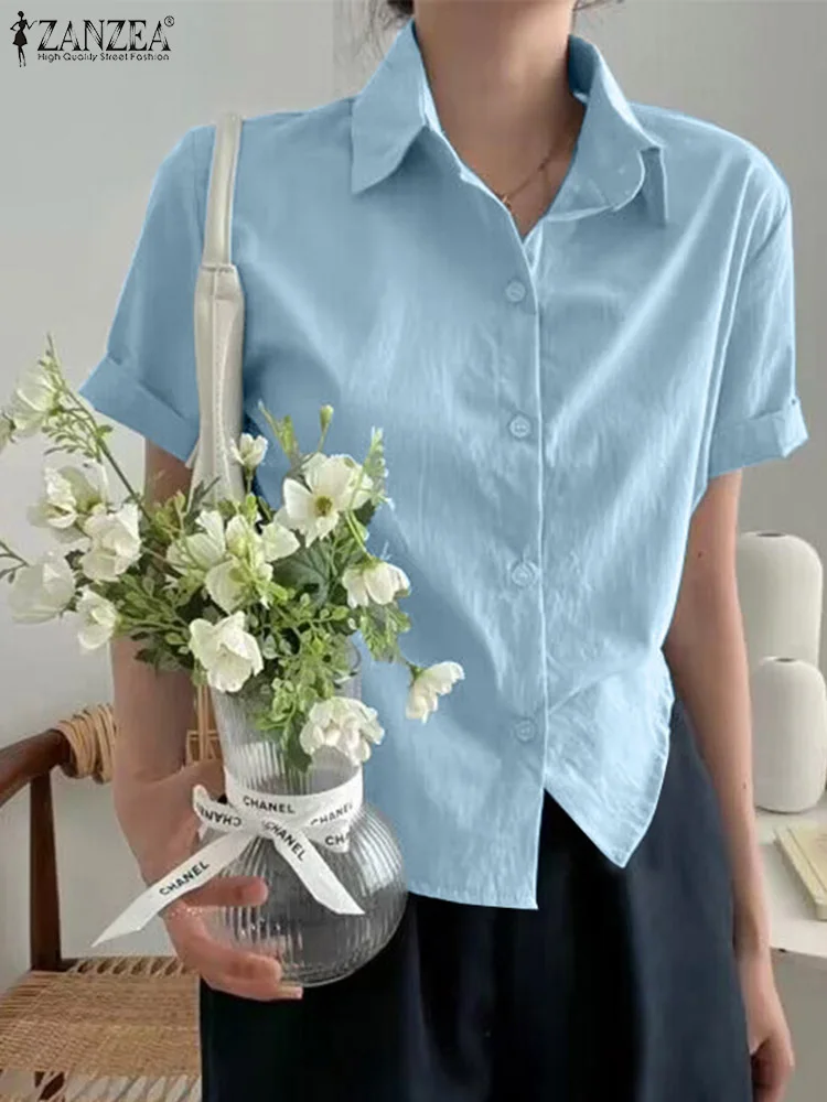 

ZANZEA Fashion Streetwear Shirt Summer Short Sleeve Solid Chemise Woman Office OL Shirts Femme Casual Holiday Blusas Mujer 2023
