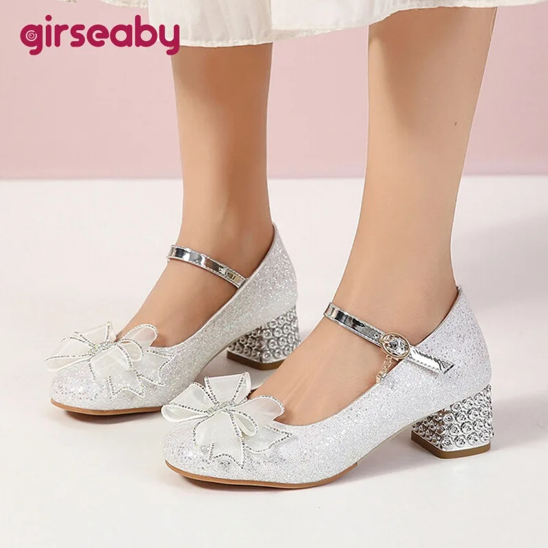 Girseaby Женские туфли-лодочки Mary Hots с пряжкой и бантом серебристые золотые блестки