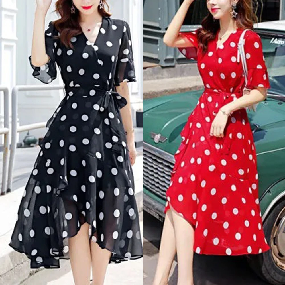 

Elegant Dresses For Women Boho Vestido 2022 Sexy V Neck Short Sleeve Beach Sundress Casual Dot Print Vintage Party Long Dress