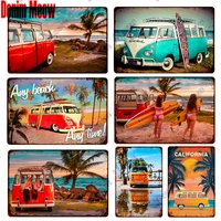 classic car on the beach metal tin signs vintage surfer girls beach decorations california sunset bus club home wall decor wy227