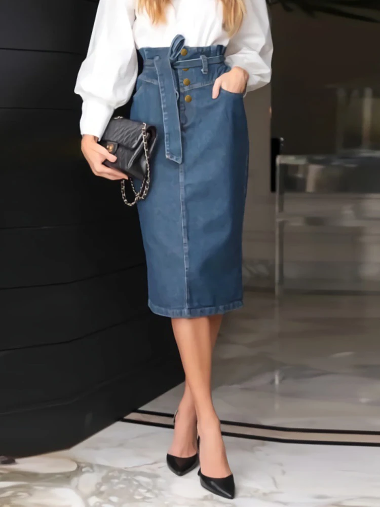 

LY VAREY LIN New Spring Autumn Denim Skirts Women Elegant Single Breasted Lace-up Skirts Lady Vintage Slim High Waist Skirts