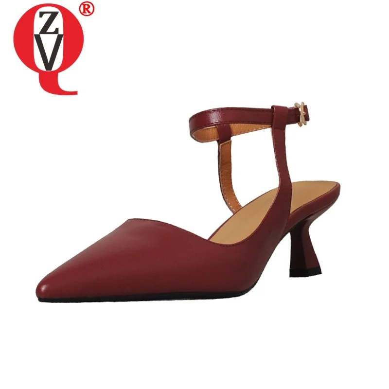 

Женские босоножки из натуральной кожи ZVQ, летние сандалии с острым носком на тонком высоком каблуке и ремешком на щиколотке, брендовая модная обувь для офиса