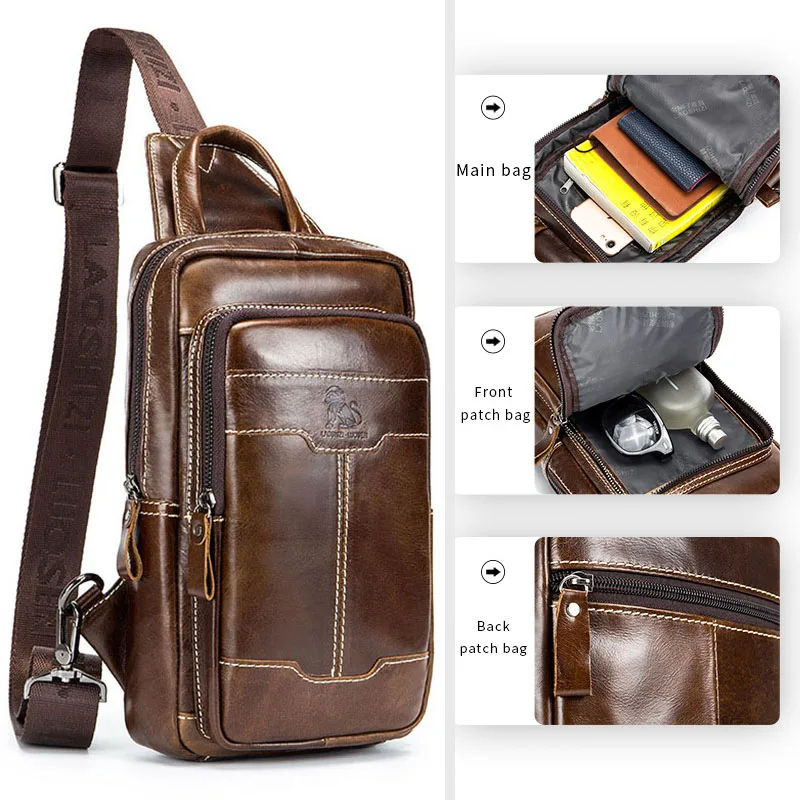 

Men Retro Top Layer Cowhide Genuine Leather Shoulder Bags Waterproof Crossbody Travel Sling Chest Bag Messenger Pack for Male