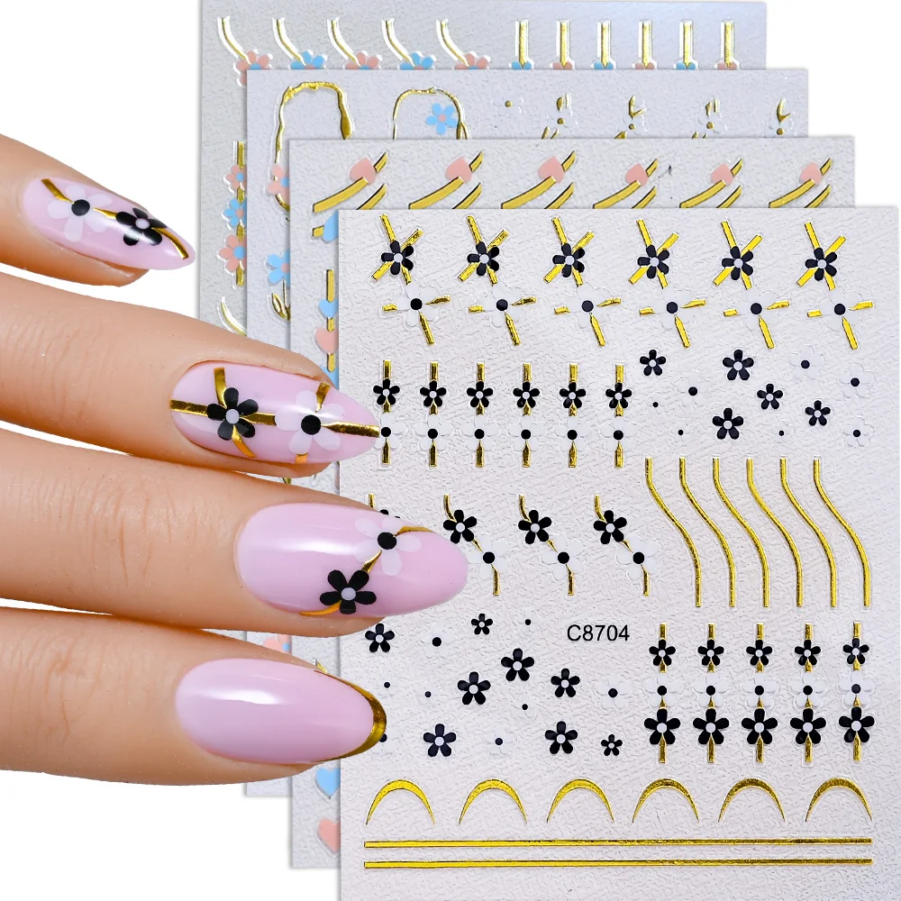 3D милые розовые синие мини-наклейки для ногтей с цветком 1/4 шт. золотая линия