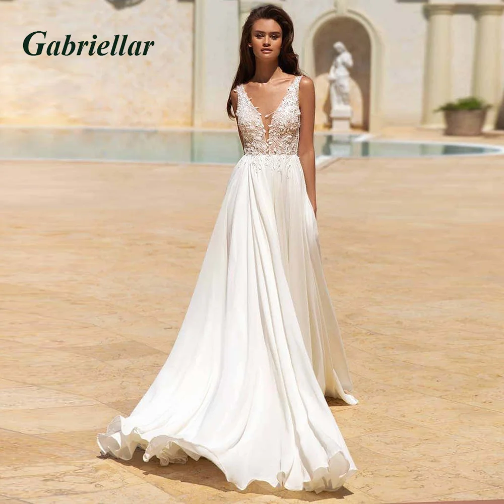 

Gabriellar Delicate V-neck Chiffon Wedding Dresses Tank Appliques Aleeveless A-line Wedding Gowns Abito Da Sposa Customer Made