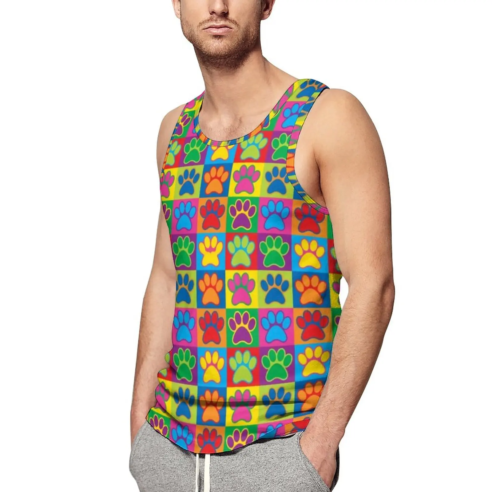 

Colorful Dog Paw Daily Tank Top Pop Art Paws Workout Tops Male Custom Fashion Sleeveless Vests Plus Size 4XL 5XL