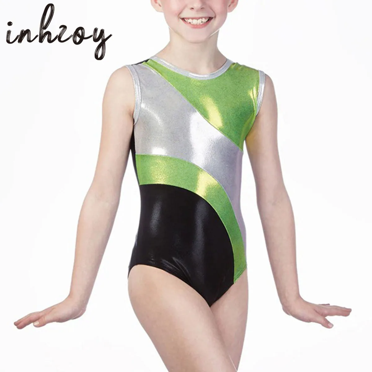 

Детские гимнастические трико без рукавов для девочек, тренировочные унитазы, детский Блестящий металлический спортивный костюм для балета...