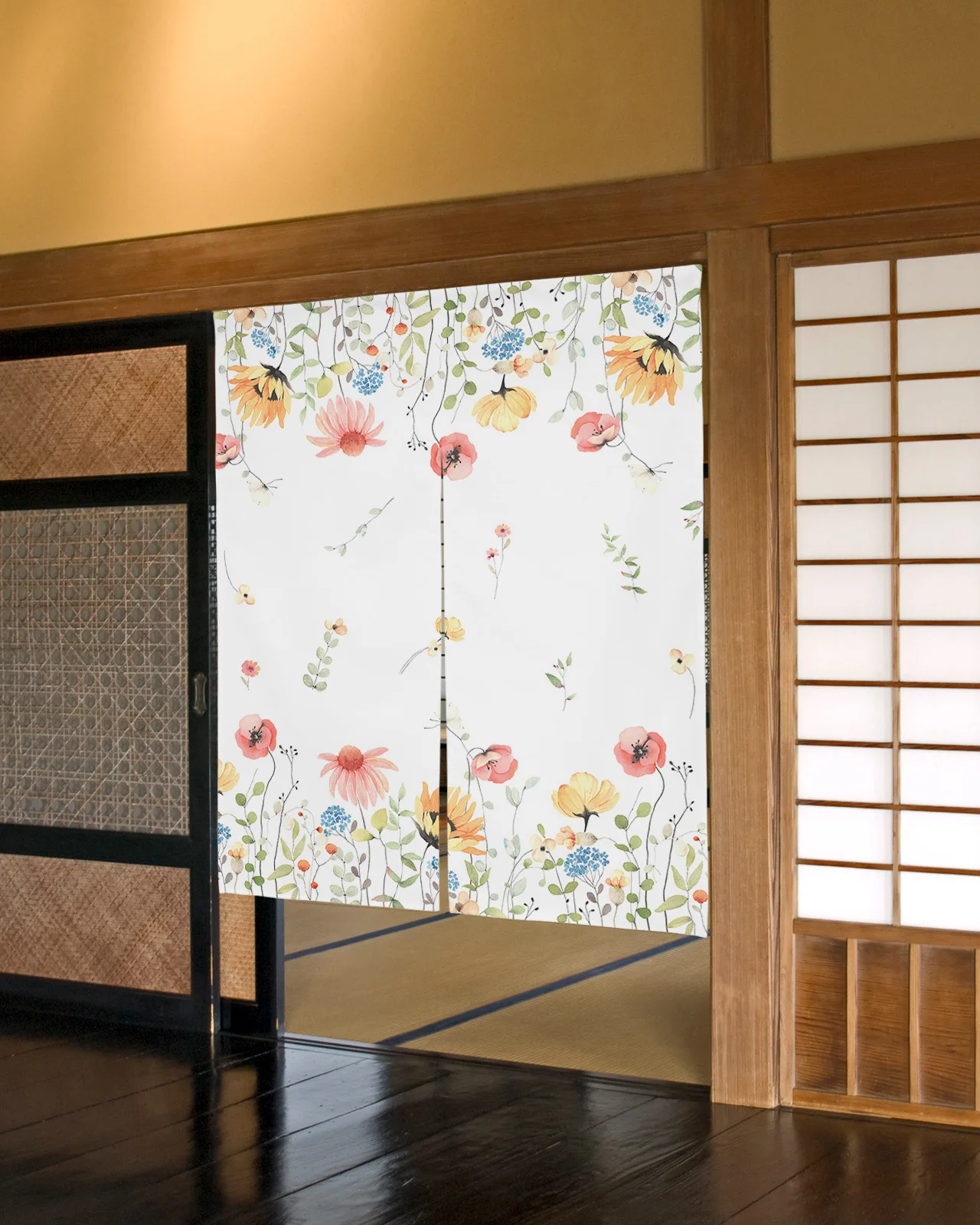 

Spring Watercolor Flower Leaves Japanese Door Curtain Restaurant Kitchen Entrance Partition Doorway Curtains Half-Curtain