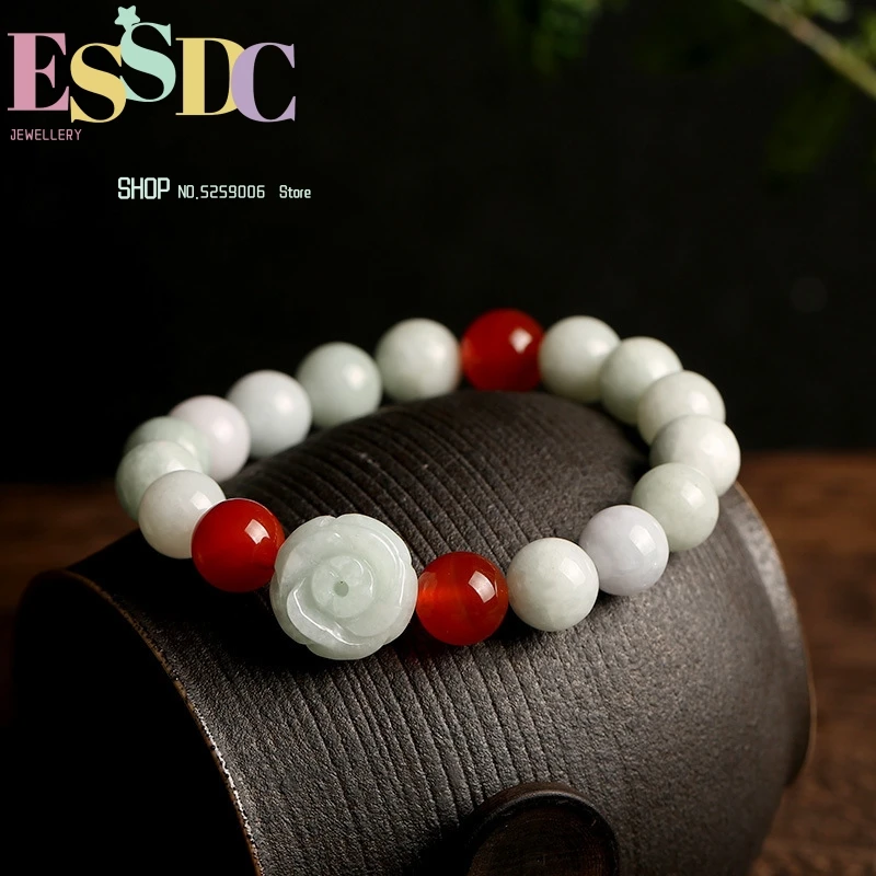 

New Natural Emerald Jadeite Rose Flower 10mm Red Agate Every Bead Transfer Bracelet Men And Women Jewelry Wholesale