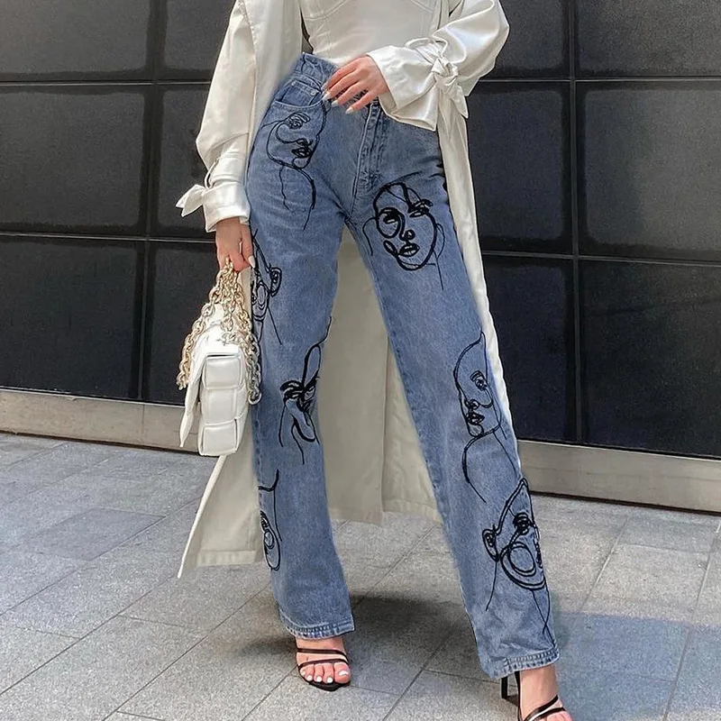 

WeiYao Spring 2022 Women Fashion Women's Jeans High Waisted Y2k abstract Face Print Pants Streetwear Loose Casual Baggy Jeans