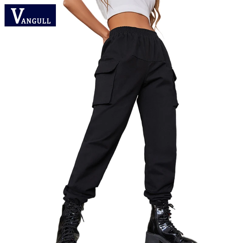 

Брюки-карго Vangull женские с эластичным поясом, повседневные Черные джоггеры, свободные штаны с карманами, Готическая уличная одежда, на весну