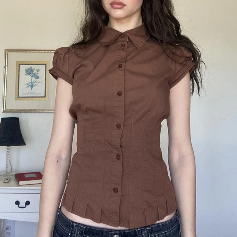 Coquette Brown Pleated Button T-shirt Women Short Sleeve Fitted Blouses 00s Aesthetic Fairy Y2k Vintage Crop Tops Cottage Tees