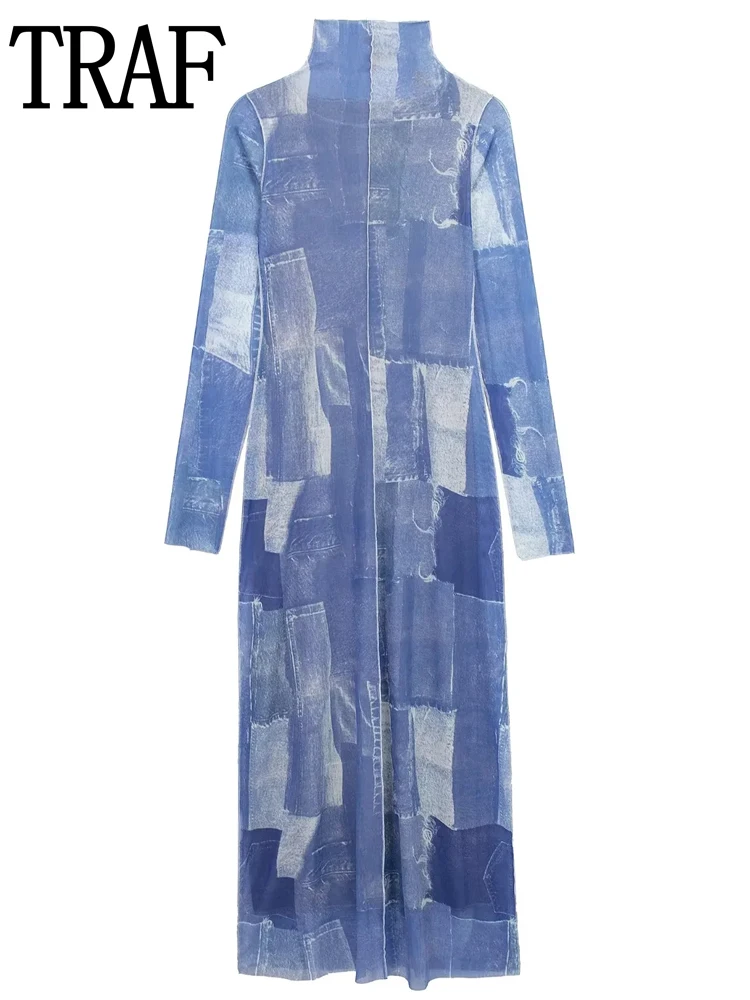 

TRAF Blue Tulle Dress Woman Long Sleeve Casual Dresses Vintage Patchwork Long Dresses For Women High Neck Denim Autumn Dress