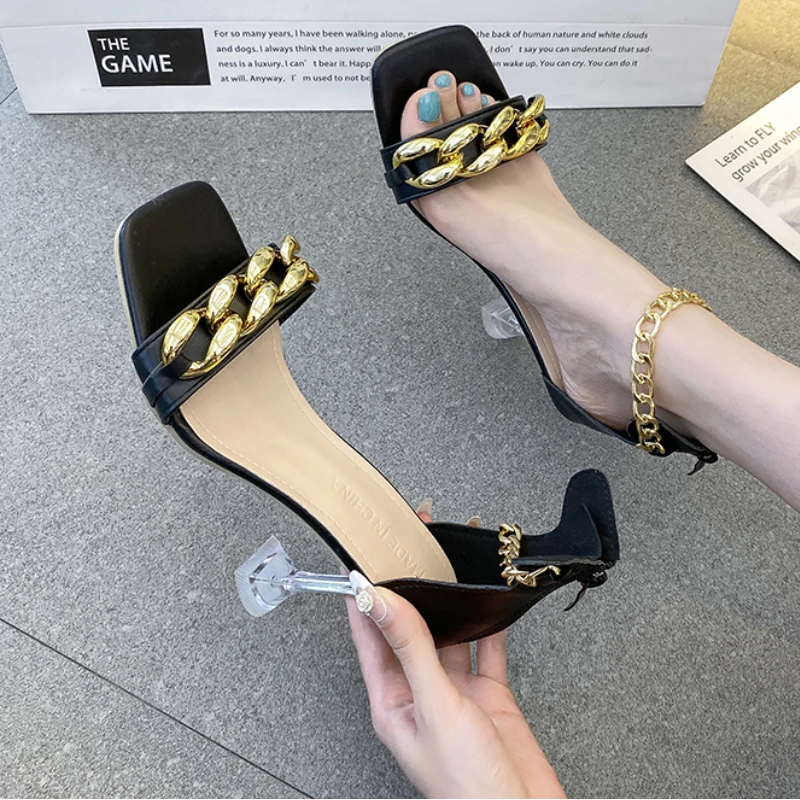 

Женские босоножки, Новинка лета 2023, модная привлекательная обувь на высоком тонком каблуке с металлической цепочкой, Босоножки с открытым носком и пряжкой для женщин