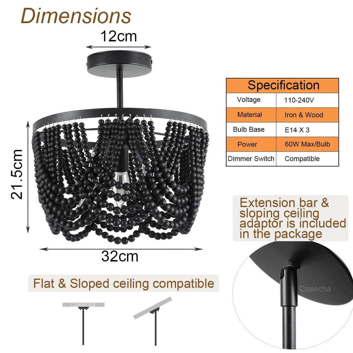 

Деревянная люстра YITEMAS 3 света черная