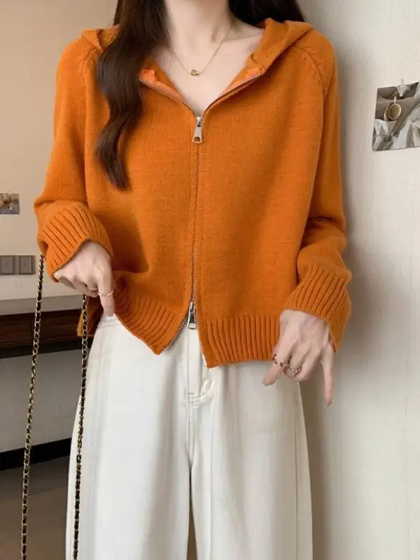 Розово-красный свитер с капюшоном верхняя одежда женский осенне-зимний больших