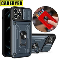 slide camera lens shockproof phone case for iphone 13 12 11 pro x card slot ring car holder cover for iphone xr xs max 8 7 6plus