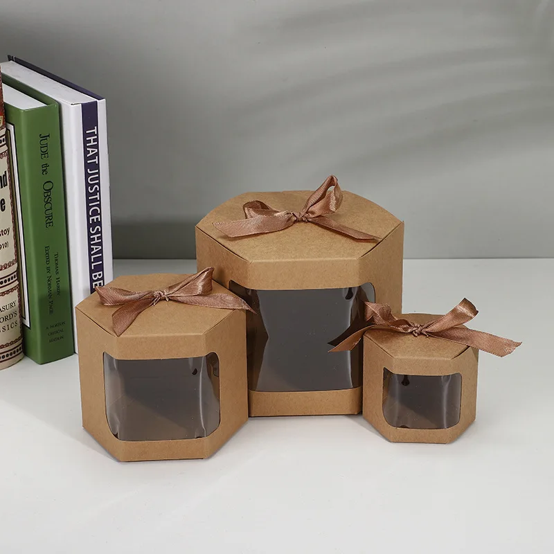 

5pcs Hexagon Transparent Window Gift Boxes For Wedding Birthday Christmas Party Silk Ribbon Candy Box Kraft Paper Packaging Box