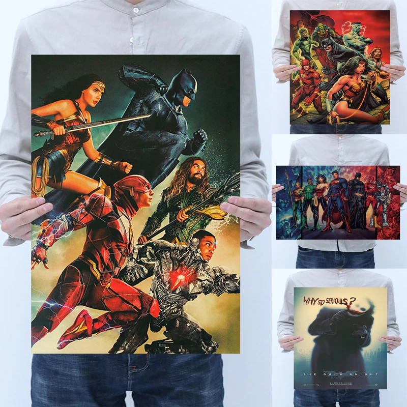 

DC Justice League Anime Superman Wonder Woman Flash Batman Figure Kraftpaper Poster Collection Bedroom Decor Birthday Gifts