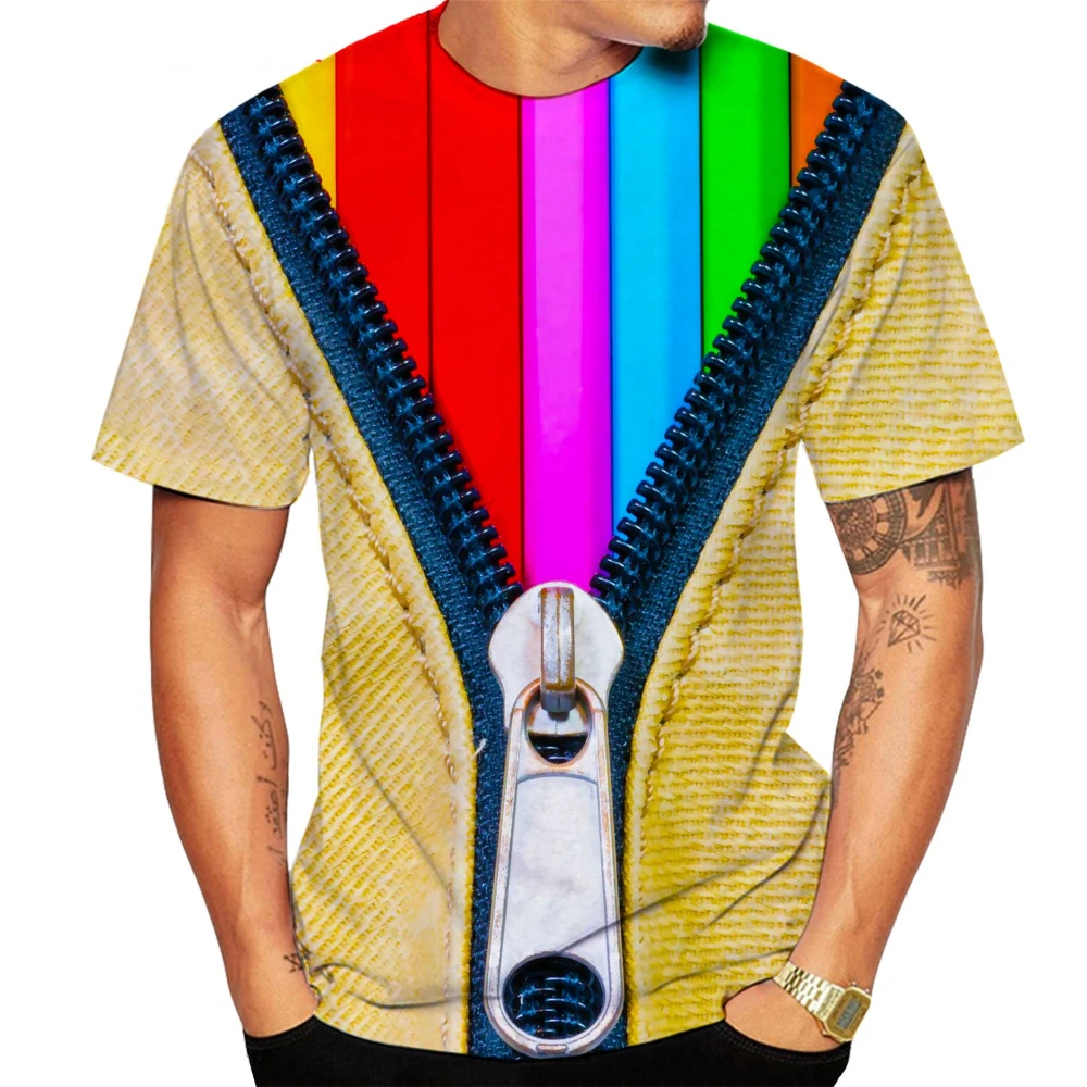 

2022 Men's Fashion Personality Zipper 3D Printing T-Shirt Short Sleeve O-Neck Summer Fun Loose Large Size Punk T-Shirt
