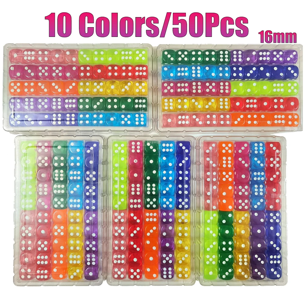 

50PCS/Set 6 Sided Dice 16mm D6 16 Transparent Color Acrylic Square Corner Cube Digital Dice For Table Board Games Party DND
