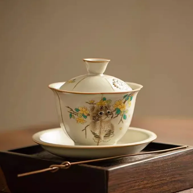 Ru Ware Cat Sancai Gaiwan Чайная чашка Набор кунг-фу Одинарная фарфоровая открывающаяся