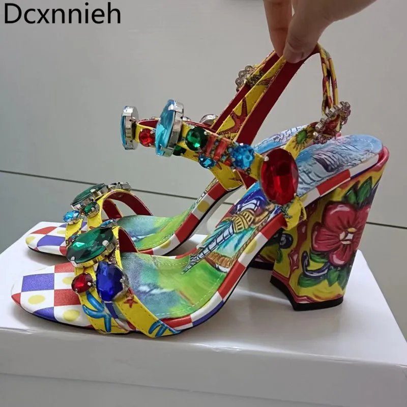 

Summer New Blue Diamond Rhinestone High Heel Sandals Woman Open Toe Crystal Ankle Strap High Heels Women Fashion Wedding Shoes