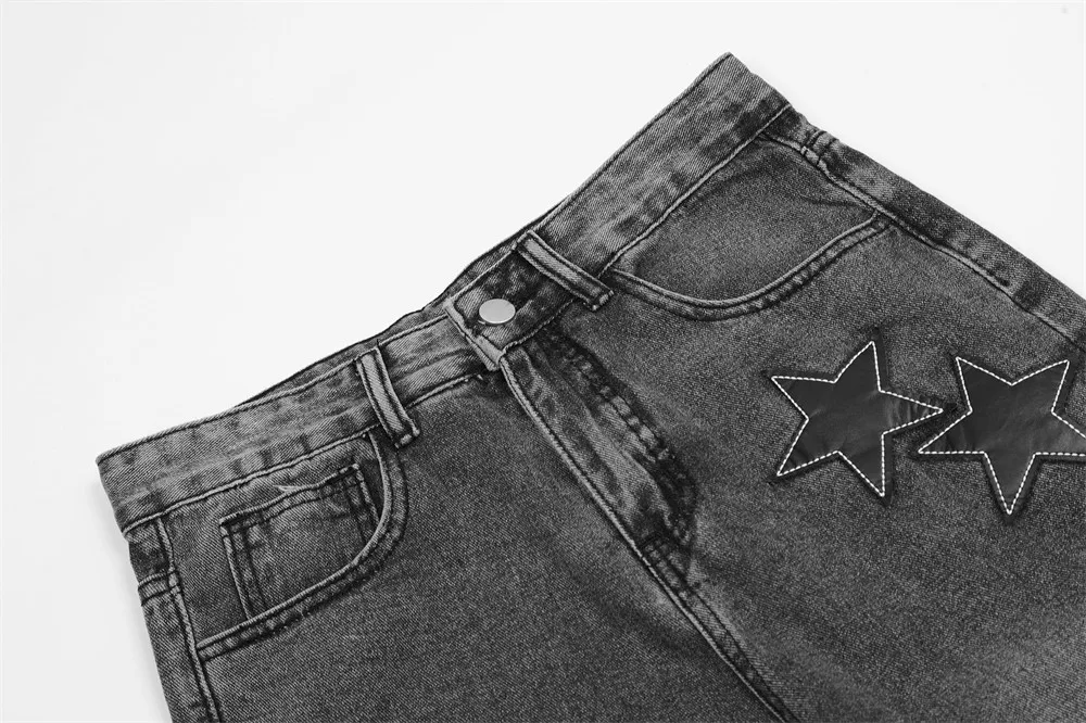 Blue Fashion Star Embroidered Jeans Mens Trendy Washed Loose Straight Denim Pants American Style High Street Wide Leg Trousers