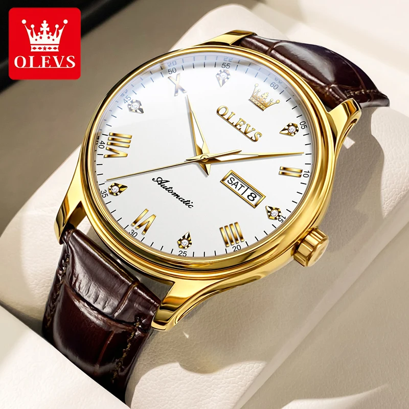 OLEVS Mens Watches Top Brand Luxury Gold Plated Case Mechanical Watch Fashion Men Watch Luminous 30M Waterproof Clock Reloj 9932