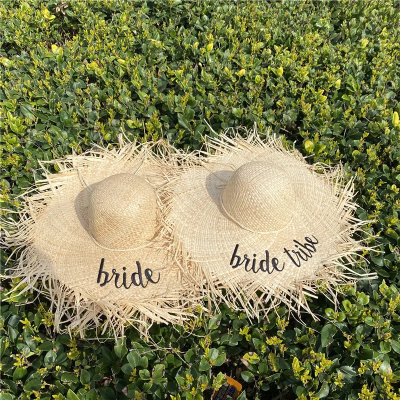 

New Summer Embroidery Bride Letter Natural Raffia Straw Hat Uv Panama Hats Dome for Women Wide Brim Beach Shade Cap