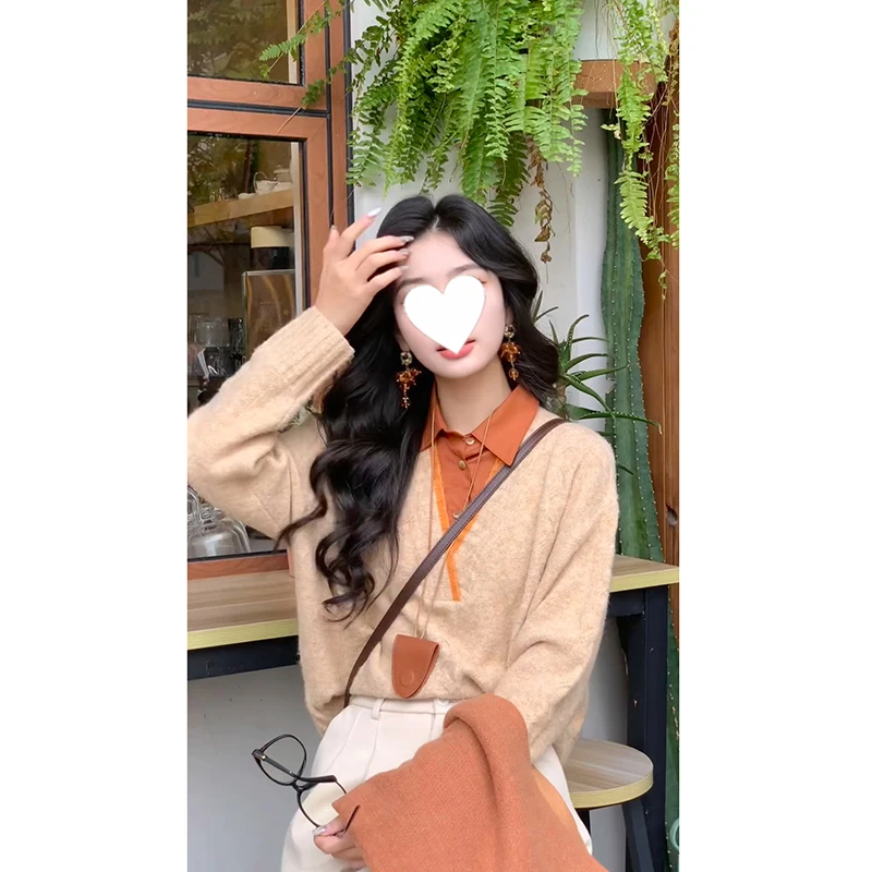 Гонконг Sle ретро поддельные две части свободный утягивающий вязаный топ женский