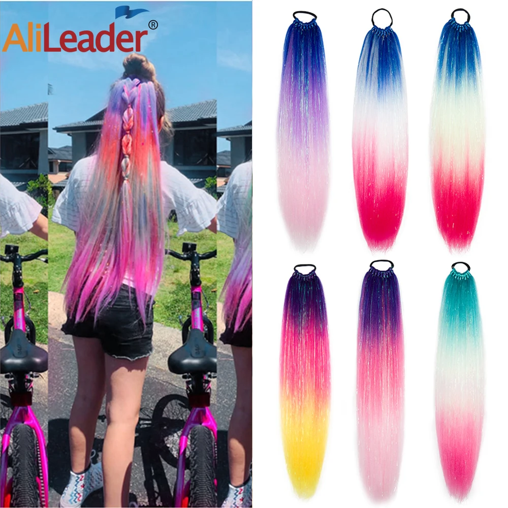 Synthetic Ponytail Extension Ombre Hair Glitter Ponytail With Elastic Tie 24Inch Long Jumbo Ponytail Hair Extension For Braiding