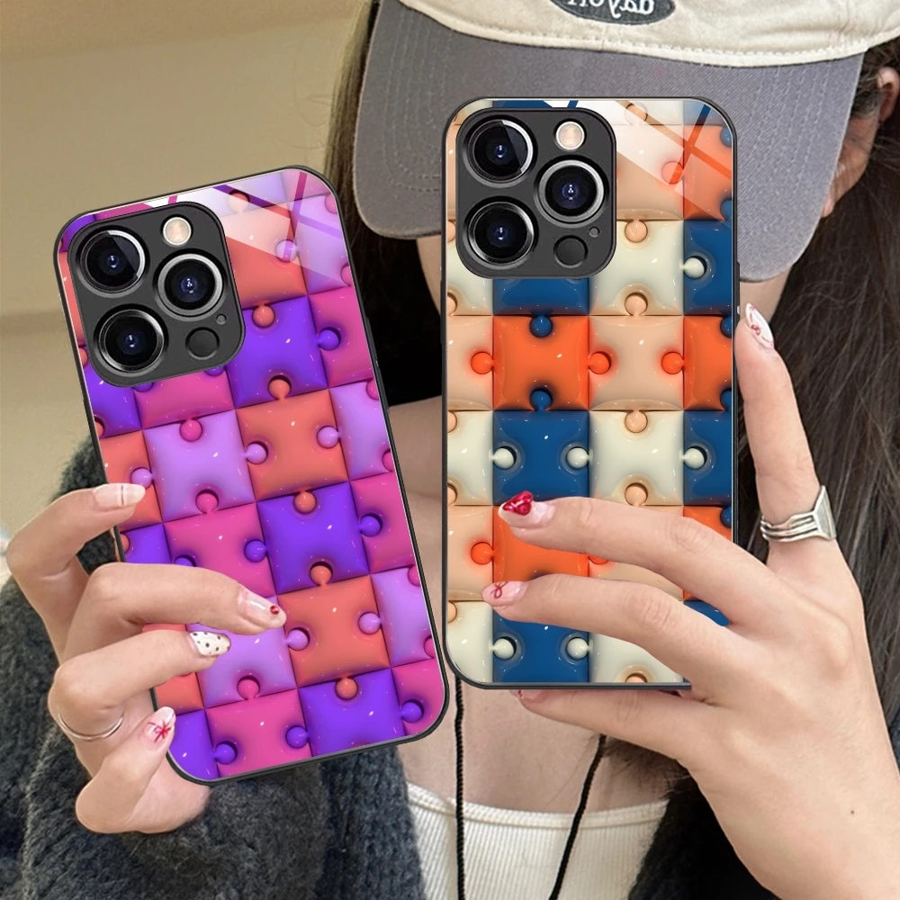 Puzzle Fashion Pretty Mobile Cell Phone Case for iPhone 16 15 14 13 12 11 X XR XS 8 Pro Max Plus Mini PC Glass Cover Shell