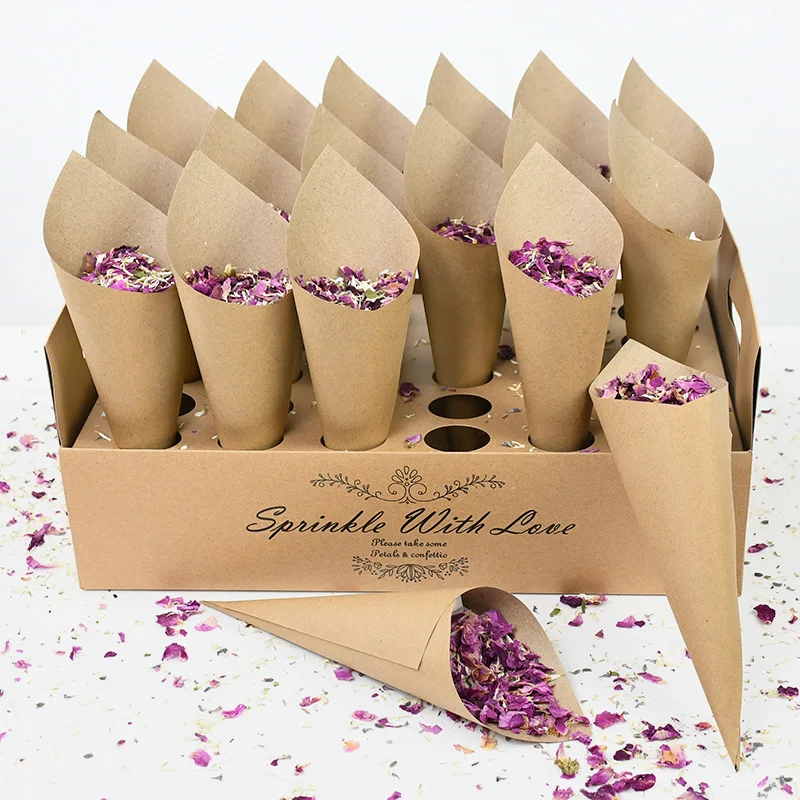 

Wedding Kraft Paper Tray Confetti Cone Stand Box For Wedding Decoration Dried Rose Petals Confetti Cones Decor Paper Cones Stand