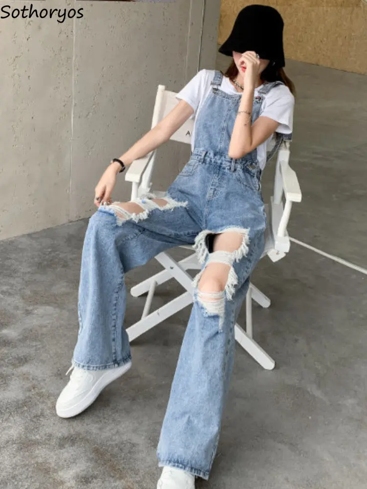 

Denim Jumpsuits Women Ulzzang Wide Leg Hole Spring Female Preppy Style High Street All-match Fashion Vintage distressed Design