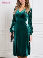s flavor elegant green color women velvet dresses vintage v neck slim party vestidos de autumn winter retro a line dress