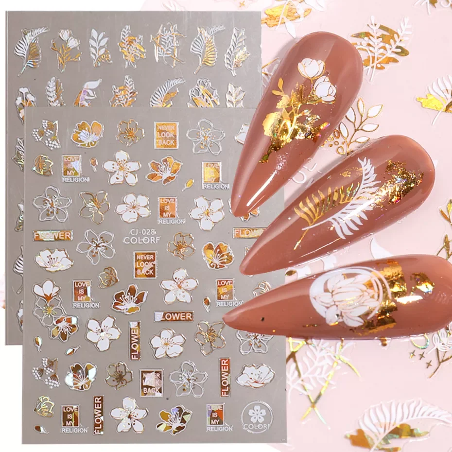 

Holographic Gold White 3D Nail Sticker Stripe Lines Leaf Flower Adhesive Sliders Decals Fashion Manicure Decoration GLCJ028-036