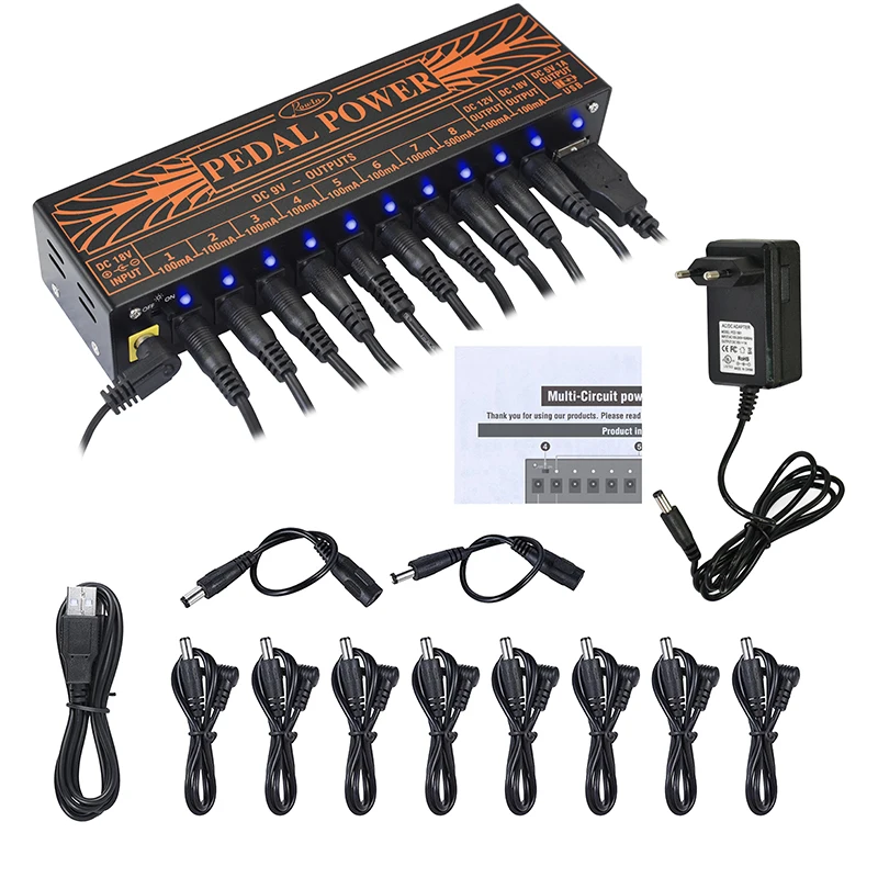 Rowin Guitar Pedal Power Supply 10 Isolated DC Output for 9V/12V/18V Effect Pedal with USB Charging Port for iPhone Noise Filter