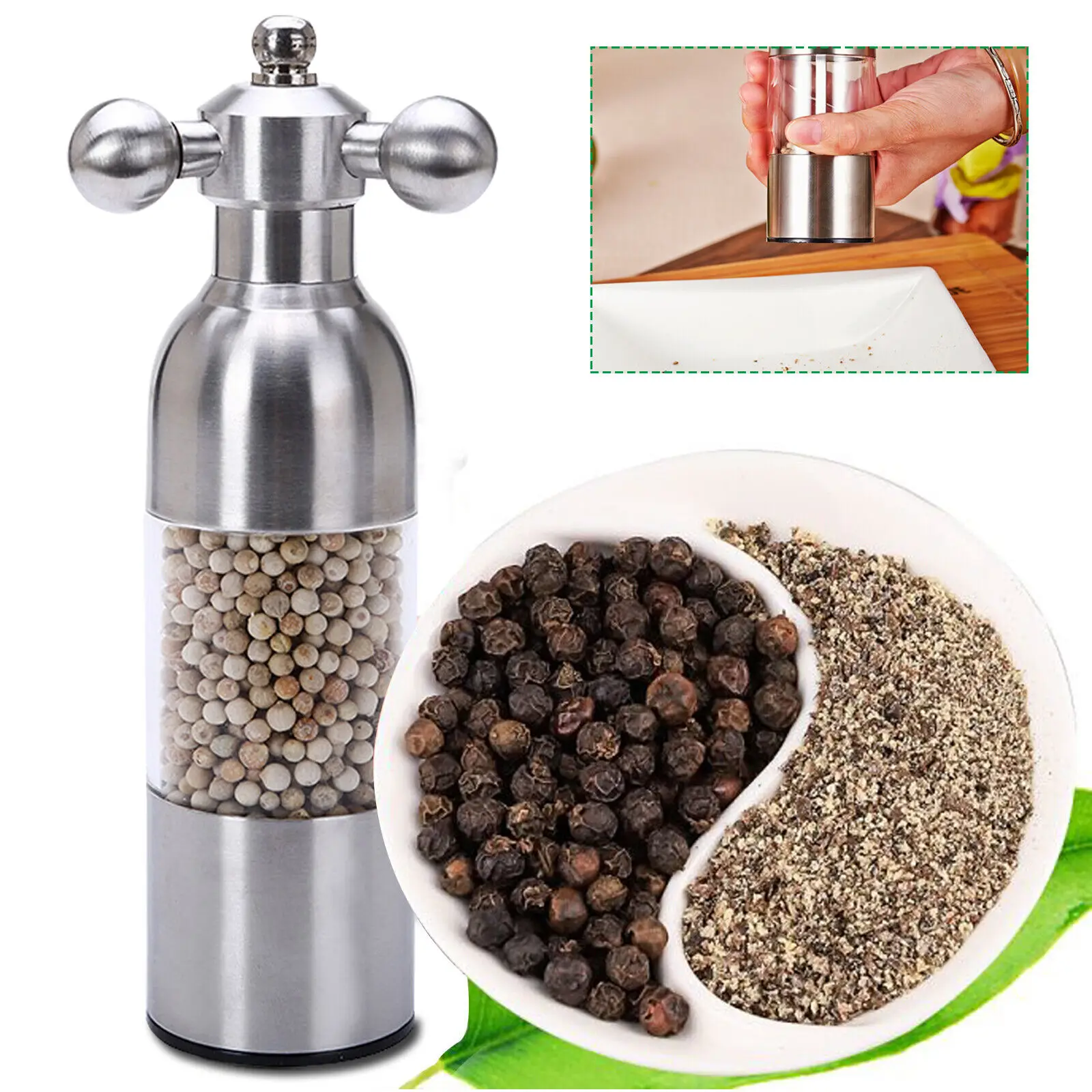 

1PC Adjustable Stainless Steel Pepper Mill Grinder Modern Silver Clear Salt Spice Sesame Grinding Manual Kitchen Tool