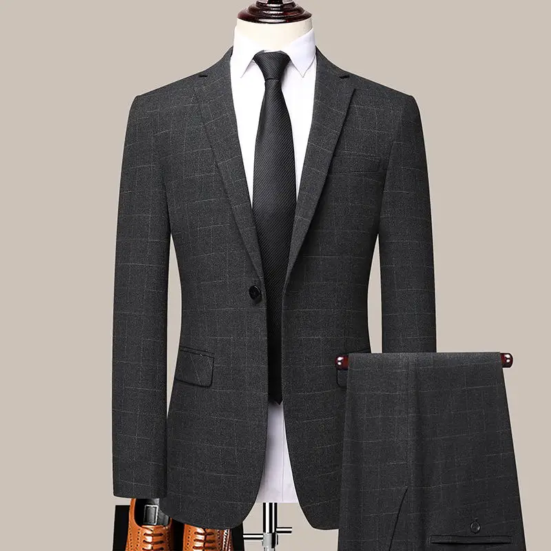 

Four Seasons S-5XL High Quality (suit + Trousers) Men's Plaid Casual Slim Fashion Business Gentleman Comfortable Suit Two Piece