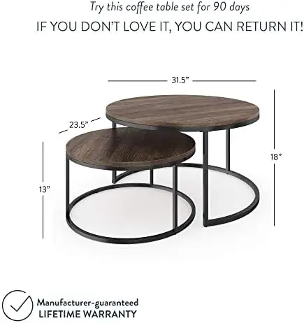 

Round Modern Nesting Coffee Set of 2, Stacking Living Room Accent Tables with an Industrial Wood Finish and Powder Coated Metal