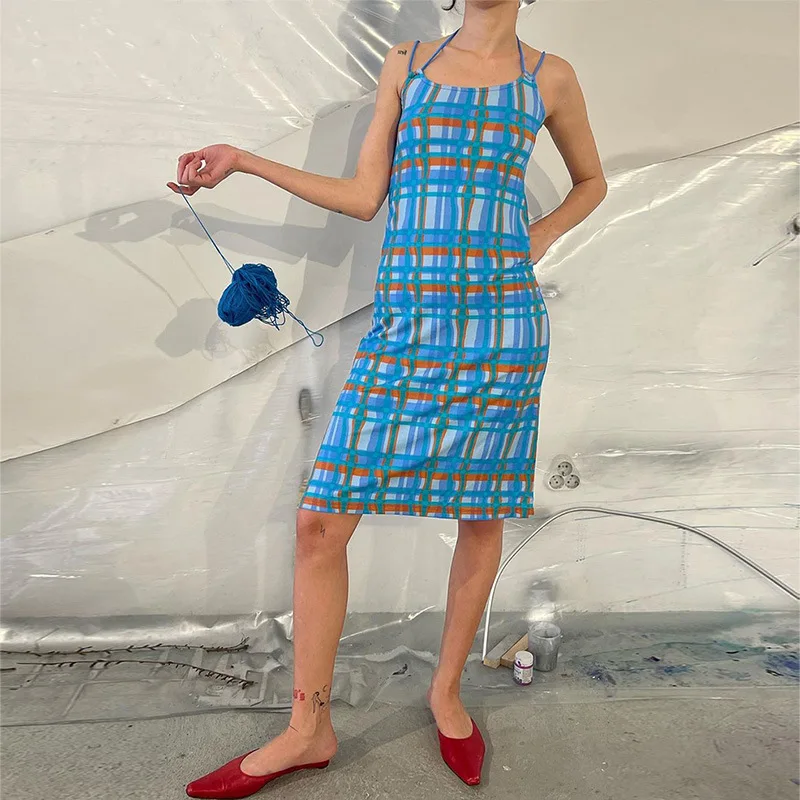 

Винтажное синее клетчатое мини-платье в стиле 90-х, летнее приталенное платье без рукавов на бретелях-спагетти, с лямкой на шее, Y2K, эстетическ...