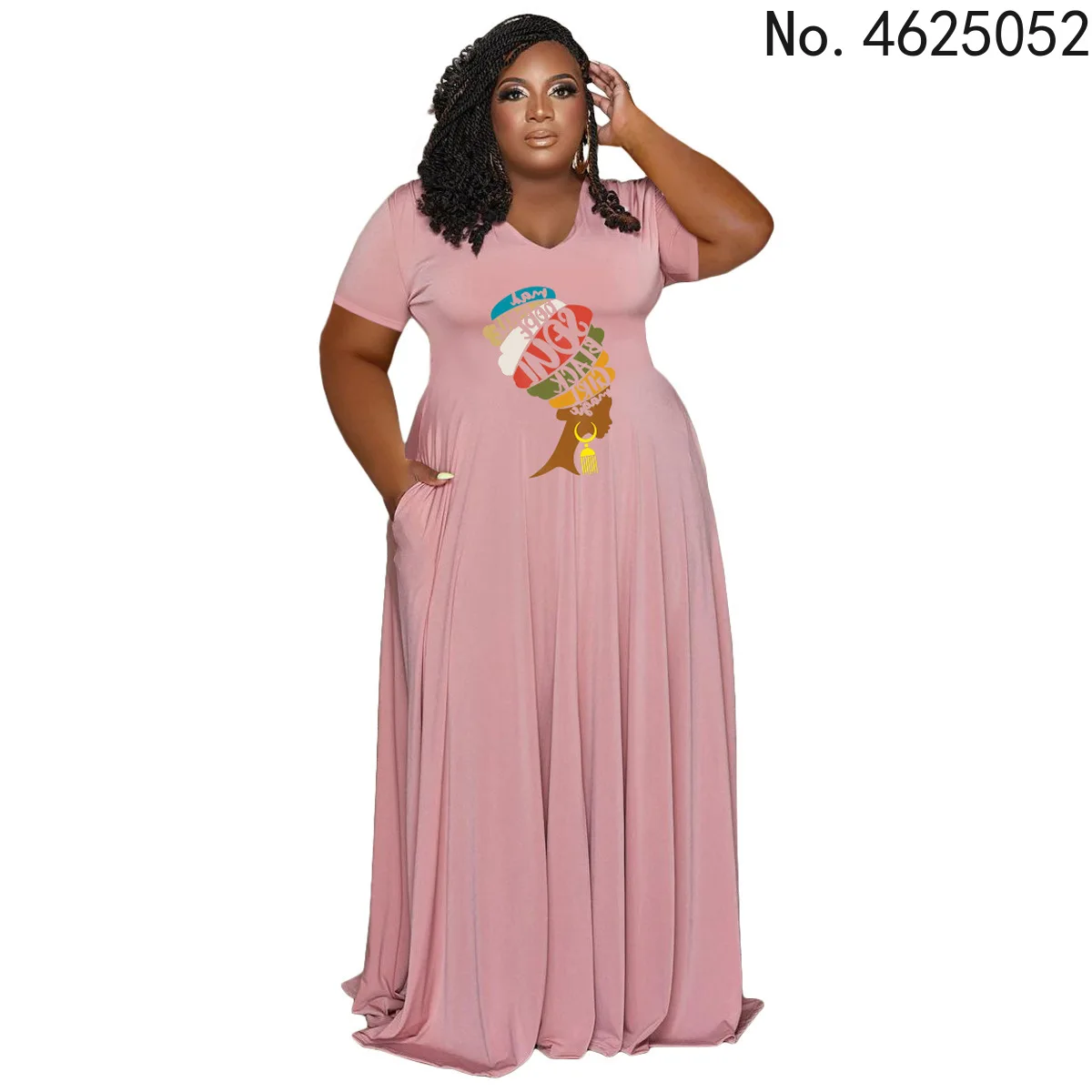 

Summer African Dresses for Women African Women Short Sleeve V-neck Printing Polyester Plus Size Long Dress African Clothes