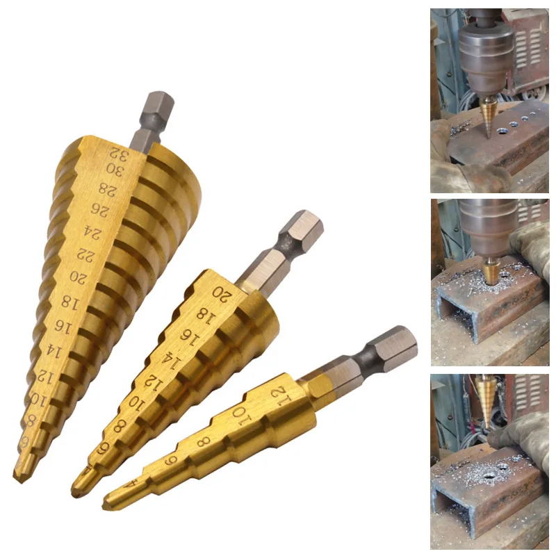 

HSS Titanium Coated Hex Shank Step Drill Bit Metal Wood Hole Cutter Cone Drilling Tool Reaming Step Drills Woodworking Tools