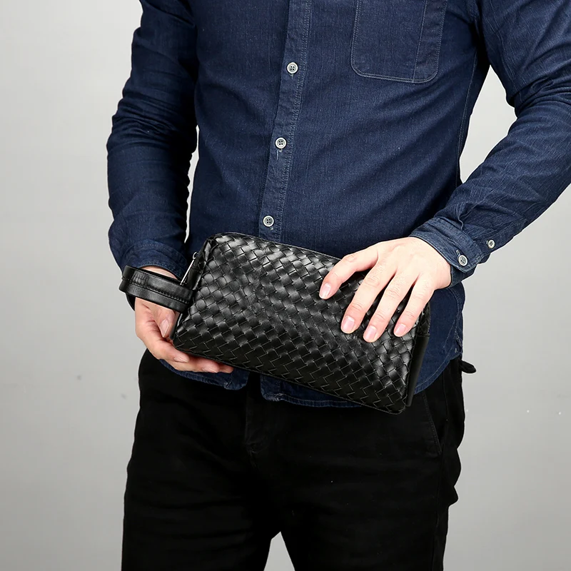 Men's Clutch Bag Genuine Leather Travel Male Toiletry Wallet Luxury Brand Woven Handbag Portable Phone Pocket Large Capacity
