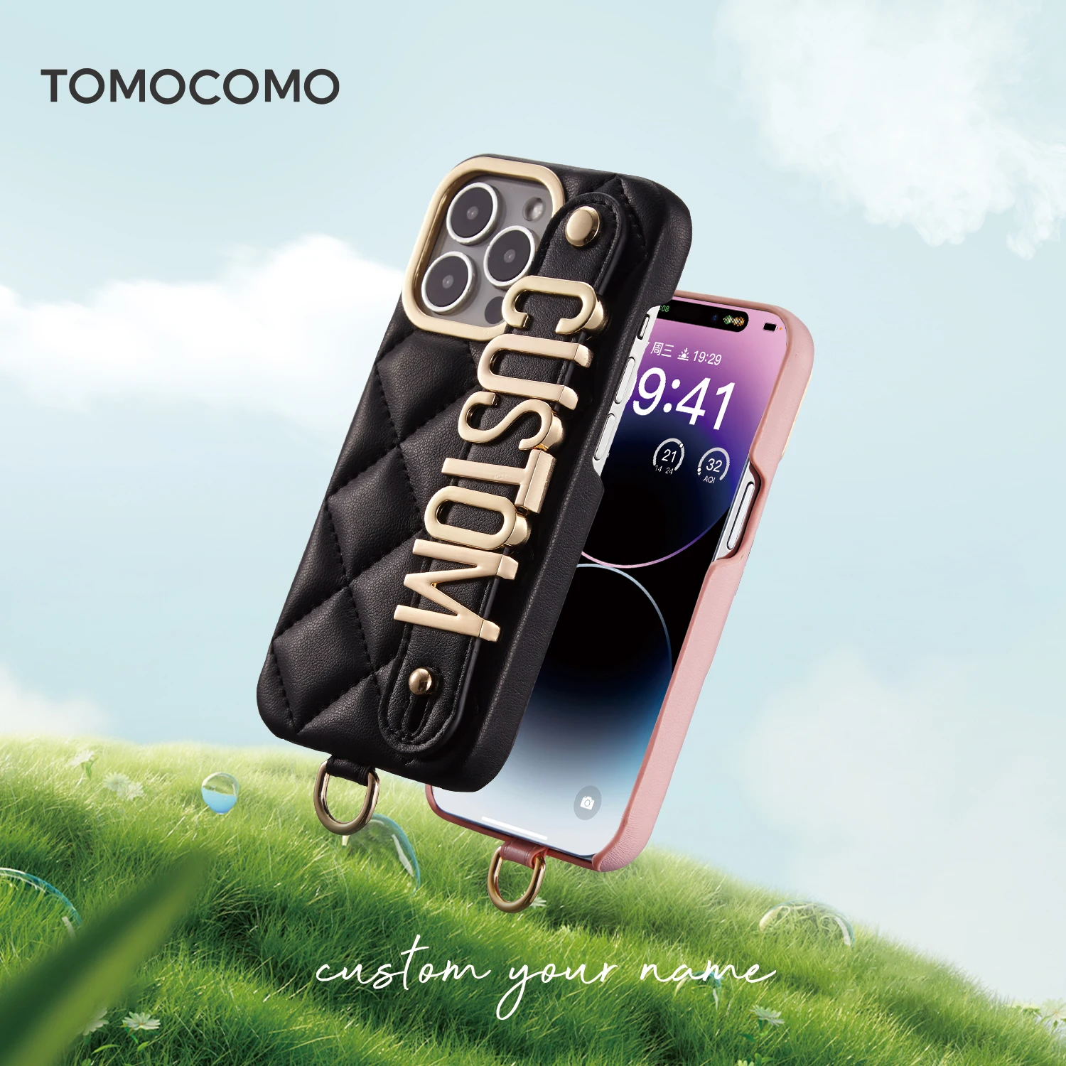 

Tomocomo Luxury Rhomb Leather Custom Name Letter Lanyard Phone Case For iPhone11 12 13 14Pro Max Holder Personalized Brand Cover