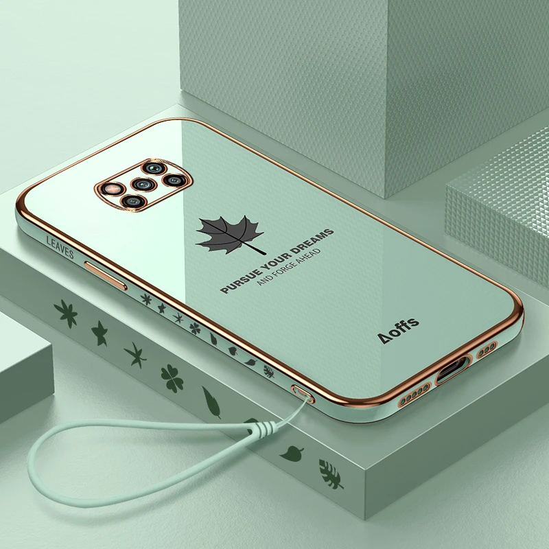 

Luxury Maple Leaf Lanyard Plating Case For Xiaomi Mi Poco X3 Nfc X4 Pro 5g Gt F3 Square Cover Poco X3pro X4pro Pocox4pro